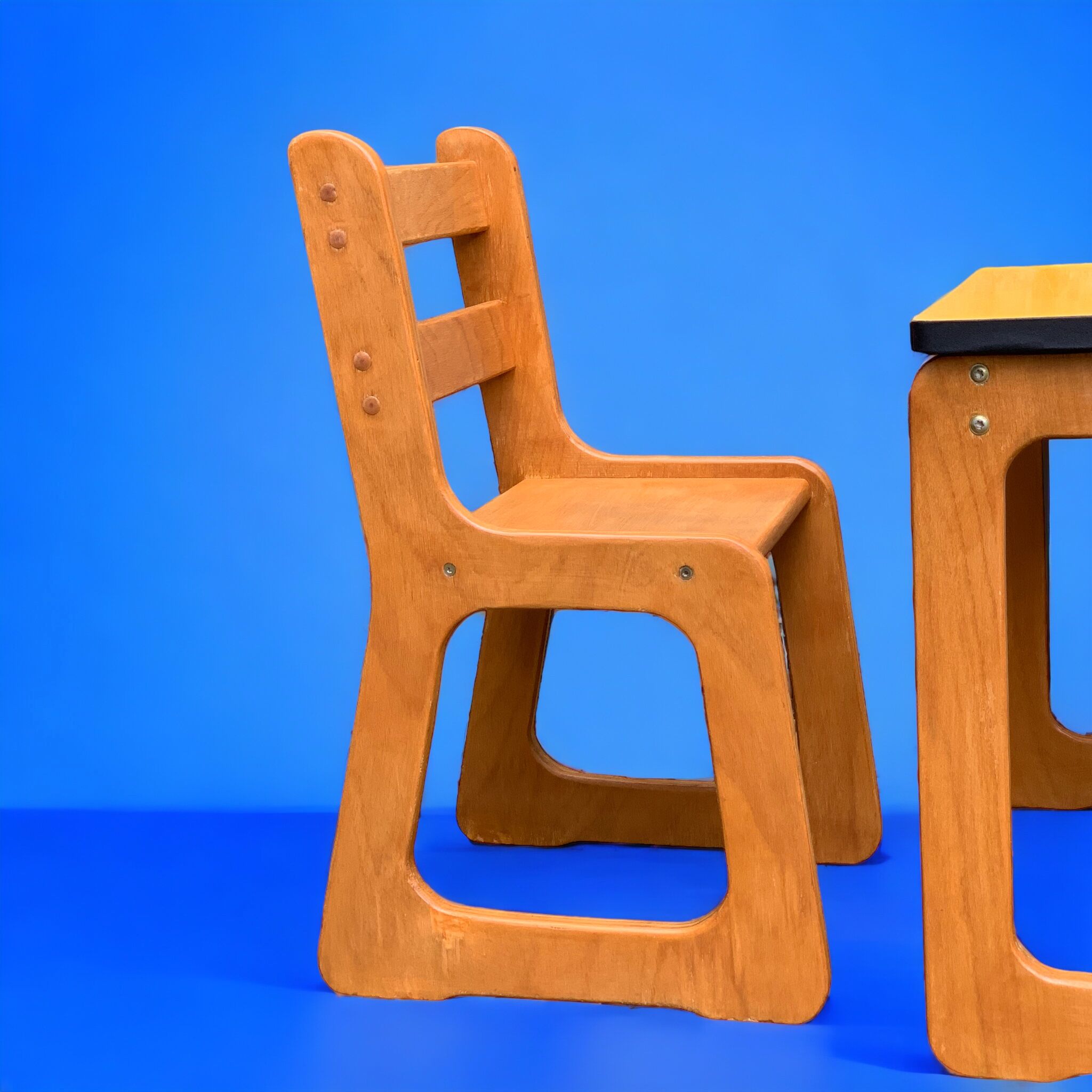 Children's wooden and formica desk and sled chairs 1970