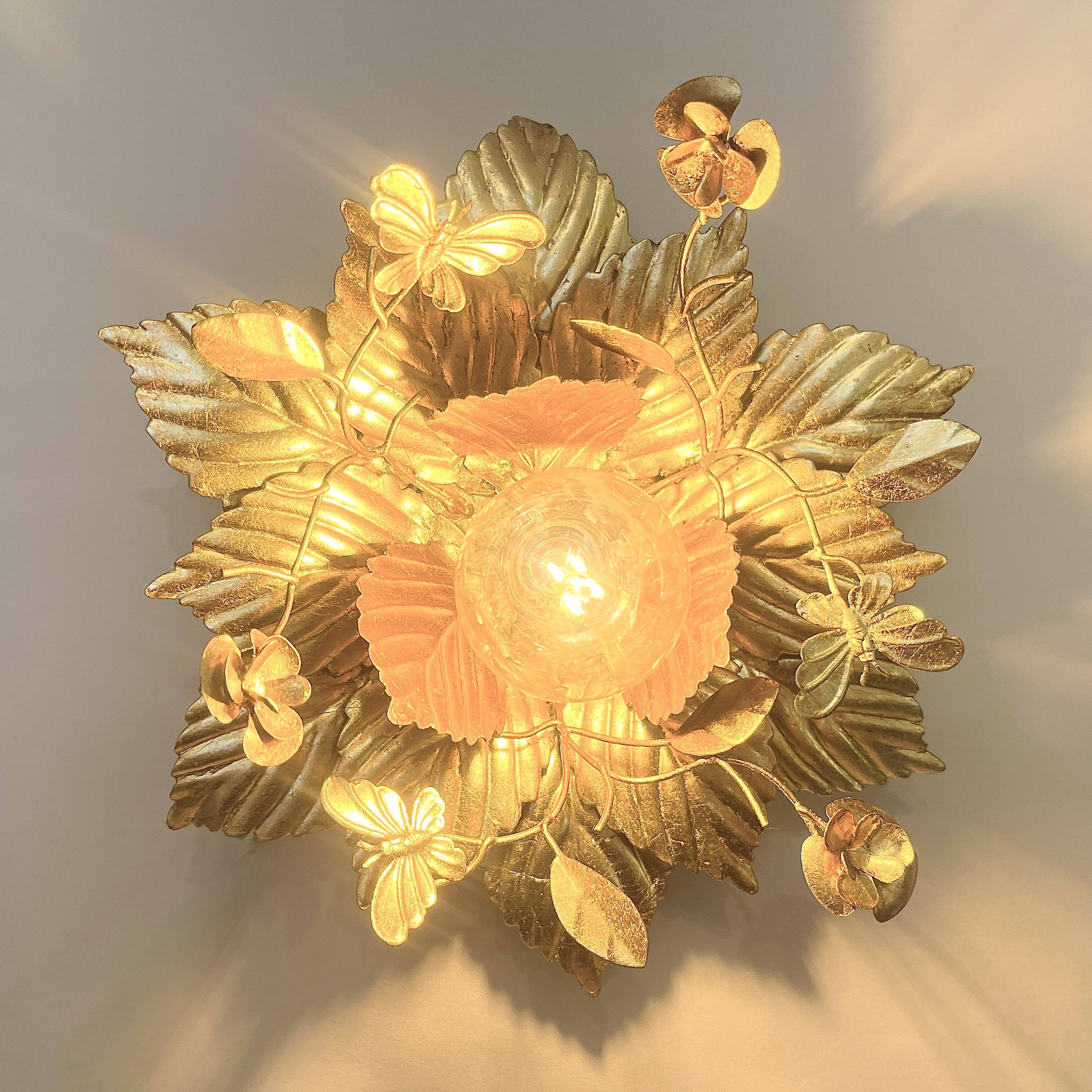 Vintage gold leaf metal flower wall light Florentine wall sconce