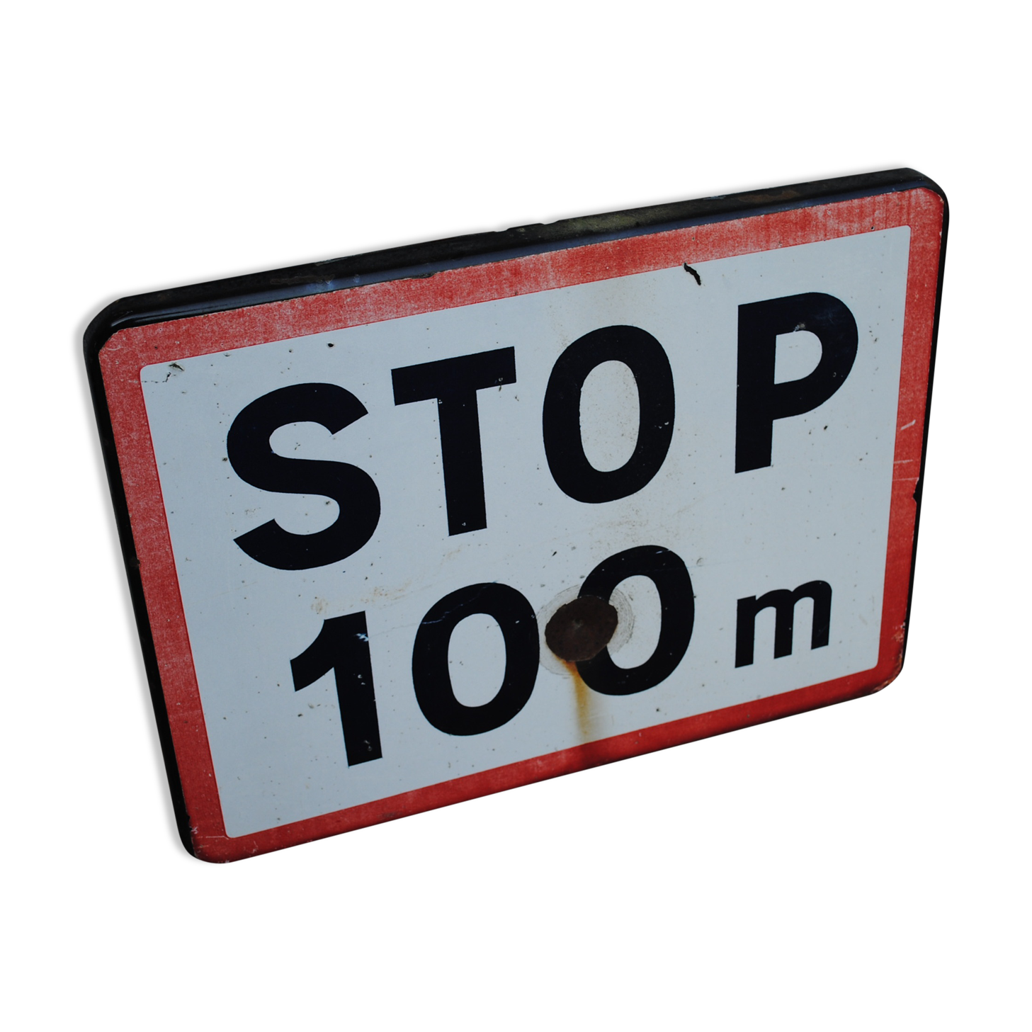Enamelled sign Stop at 100 m
