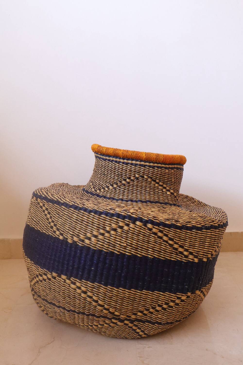 Bolga Basket Colorful African Decorative Basket Navy and Mustard Yellow