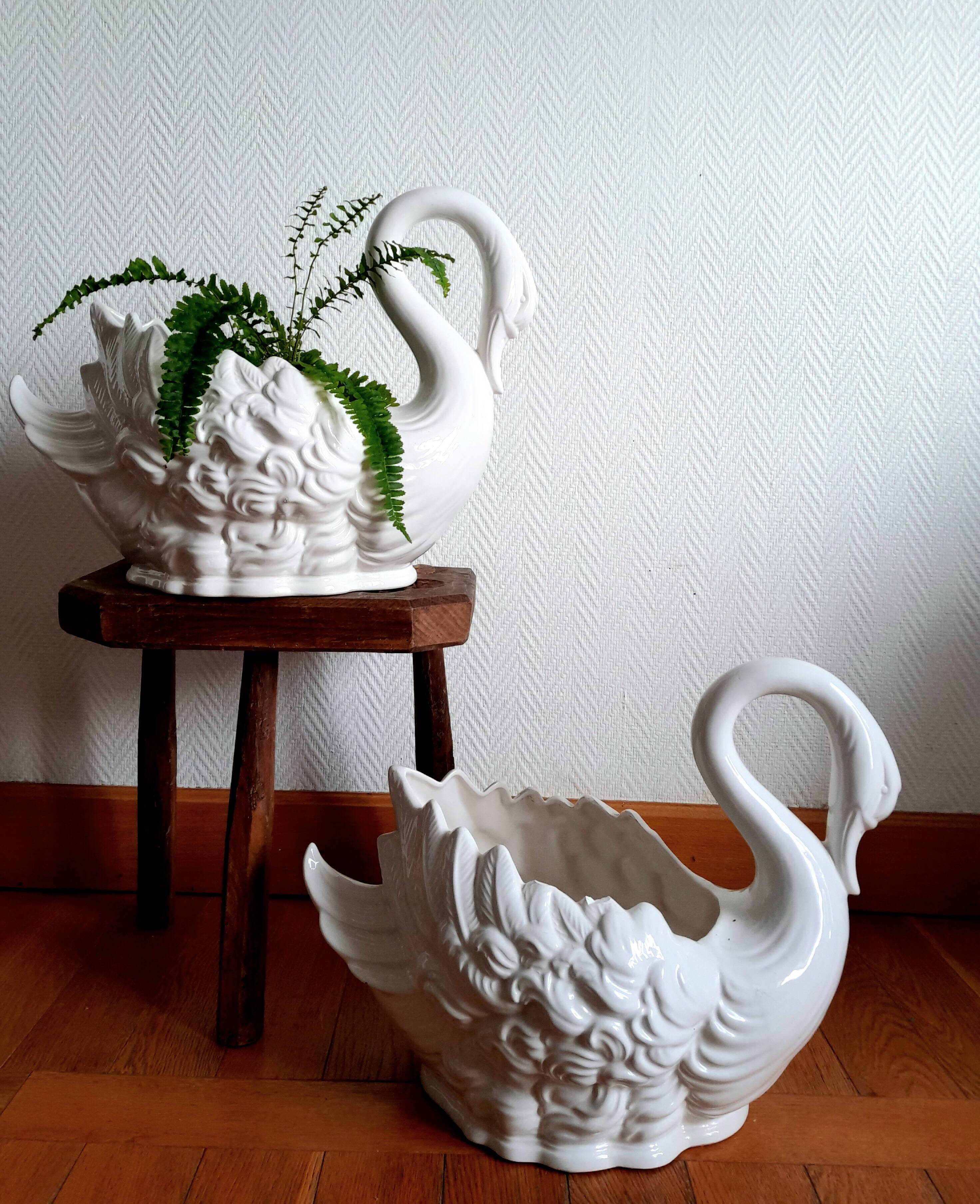Pair of ceramic swan pot covers 1970