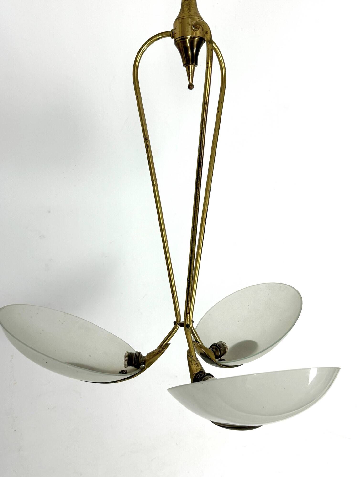 Vintage Italian brass and curved glass chandelier from 1950s