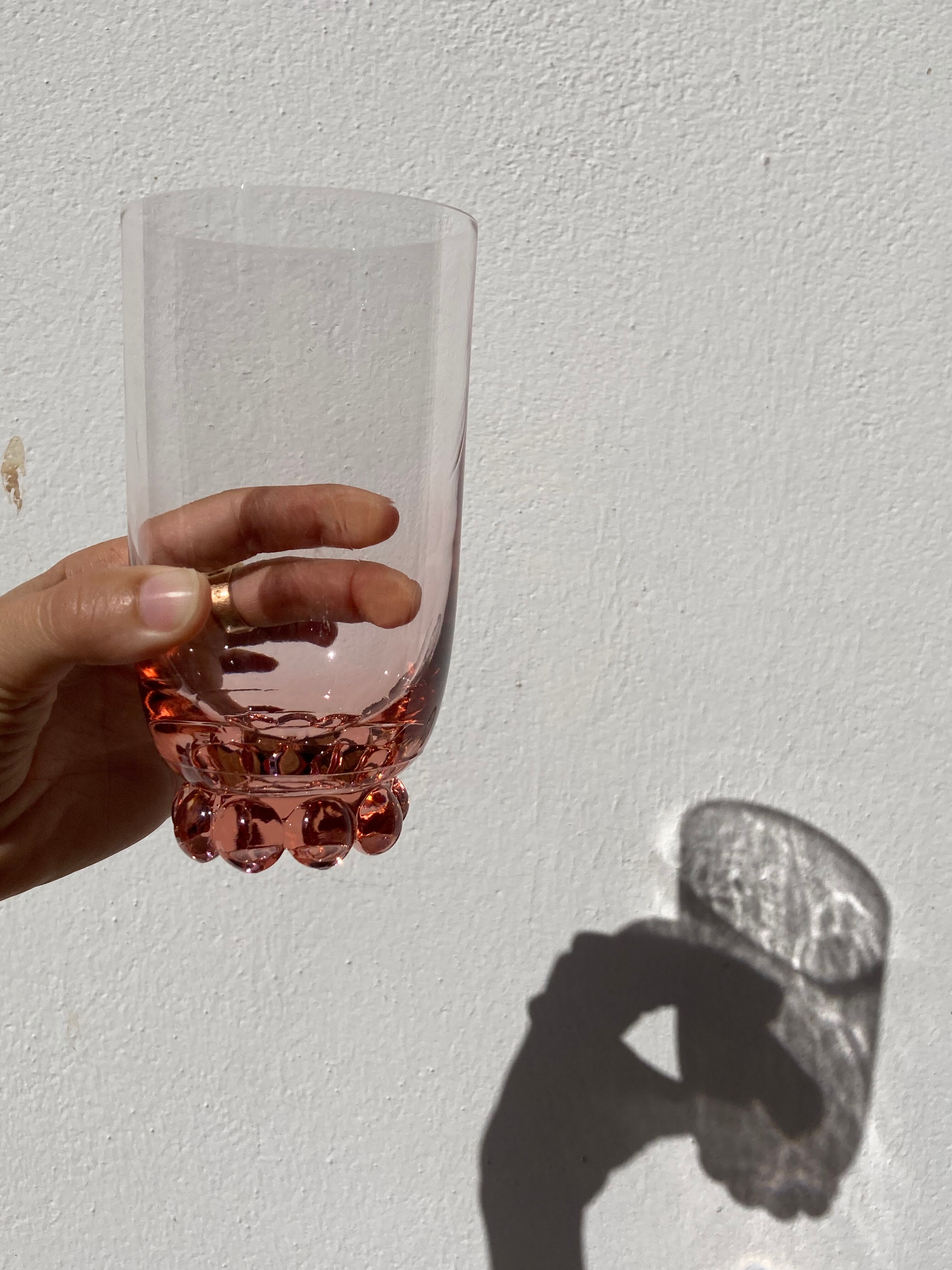 6 old pink crystal water glasses with balls