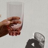 6 old pink crystal water glasses with balls