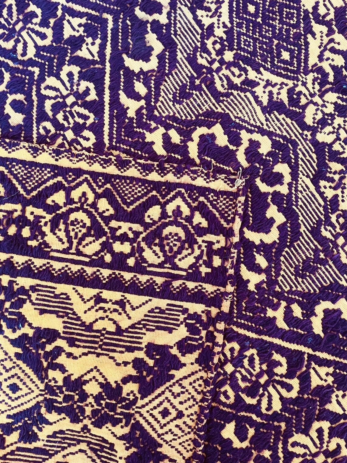 Vintage Romanian carpet design brown purple on yellow background 185x130cm