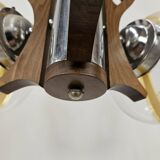 Lustre vintage en bois et métal avec trois plafonniers en verre coloré
