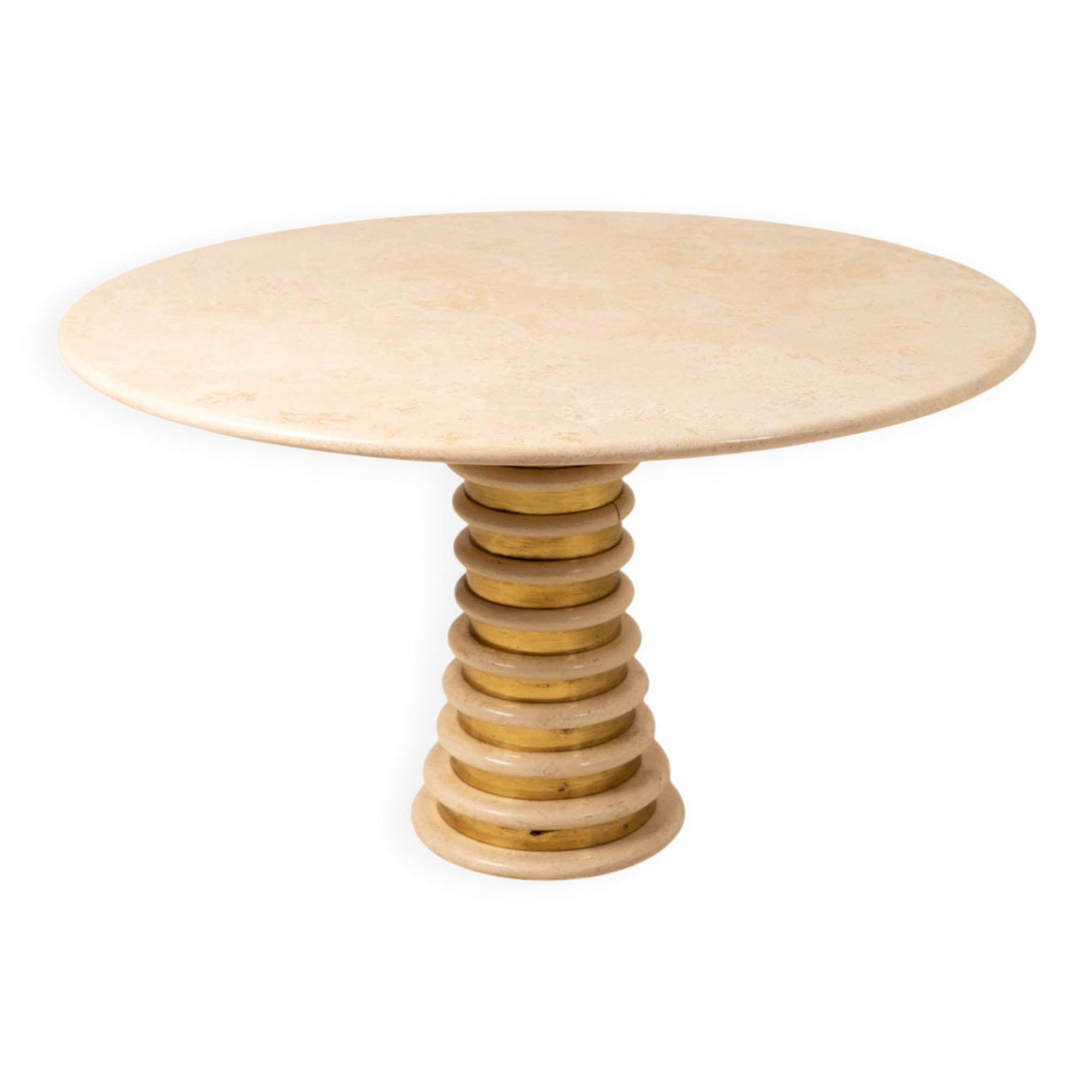 Italian Travertine and Brass Pedestal Dining Table Attributed to Marzio Cecchi for Studio Most, Italy,