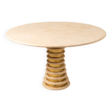 Italian Travertine and Brass Pedestal Dining Table Attributed to Marzio Cecchi for Studio Most, Italy,