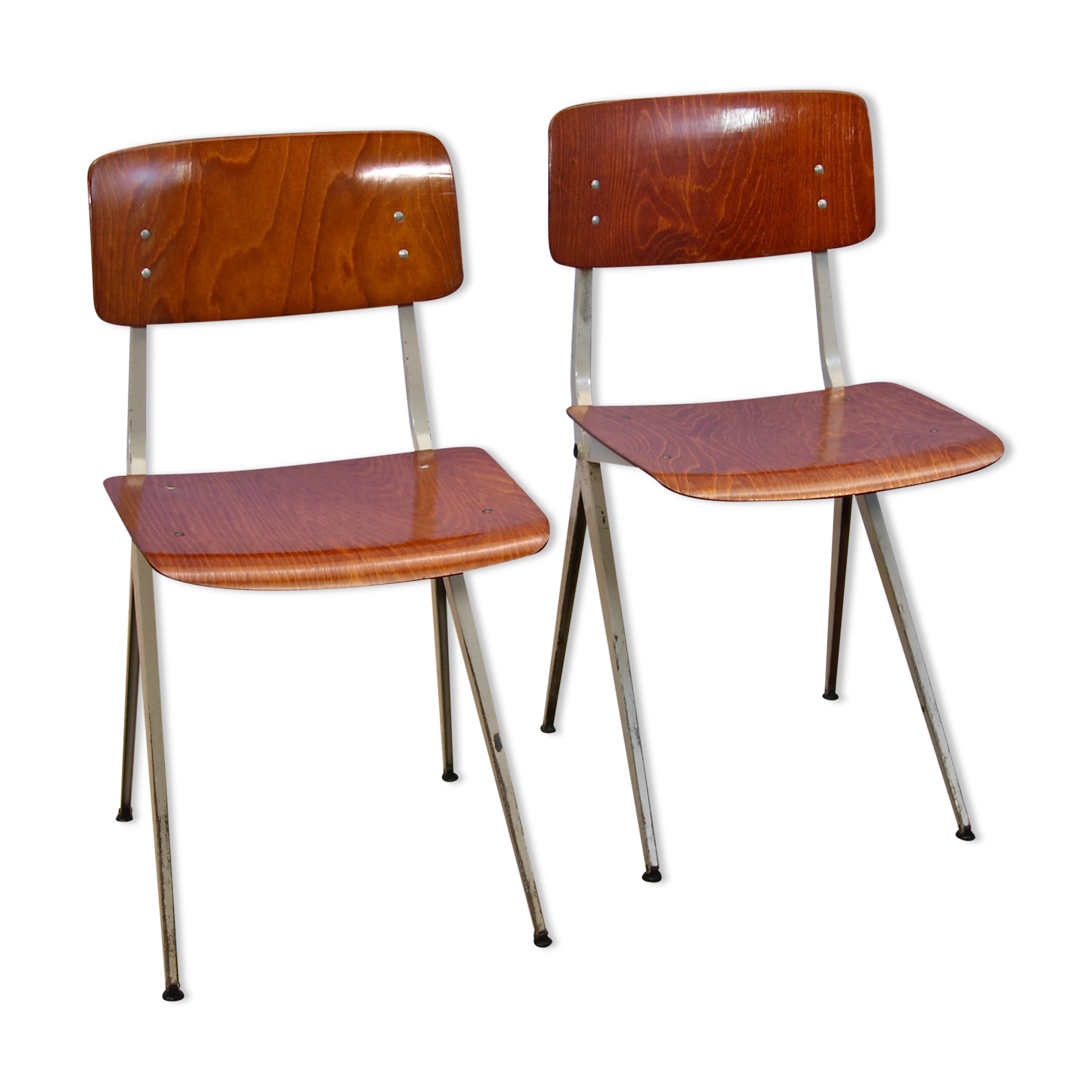 Set of 2 Dutch industrial chairs in teak/plywood by Marko, 1960s