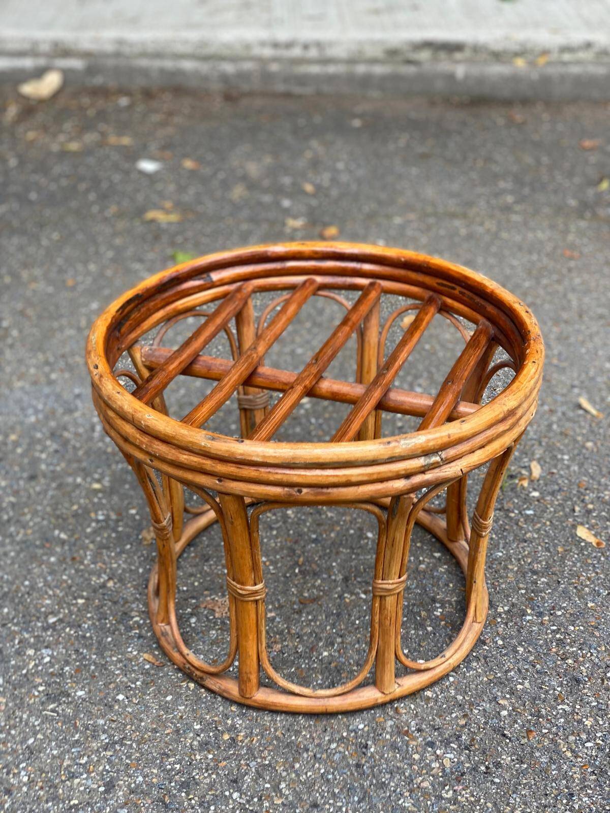 Vintage round woven bamboo pouf