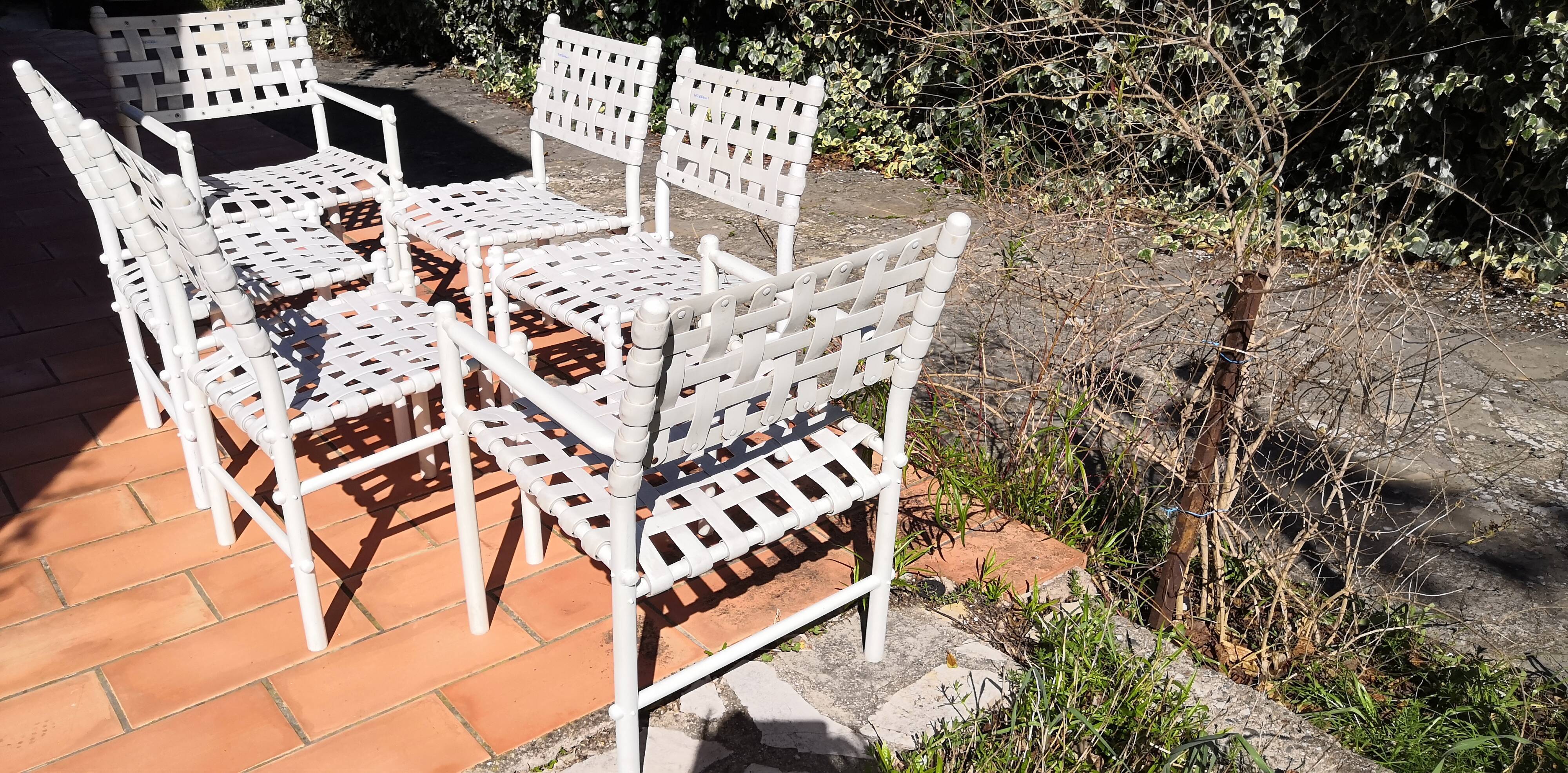 4 chairs & 2 vintage woven lounge armchairs triconfort, 1980 France
