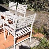 4 chairs & 2 vintage woven lounge armchairs triconfort, 1980 France