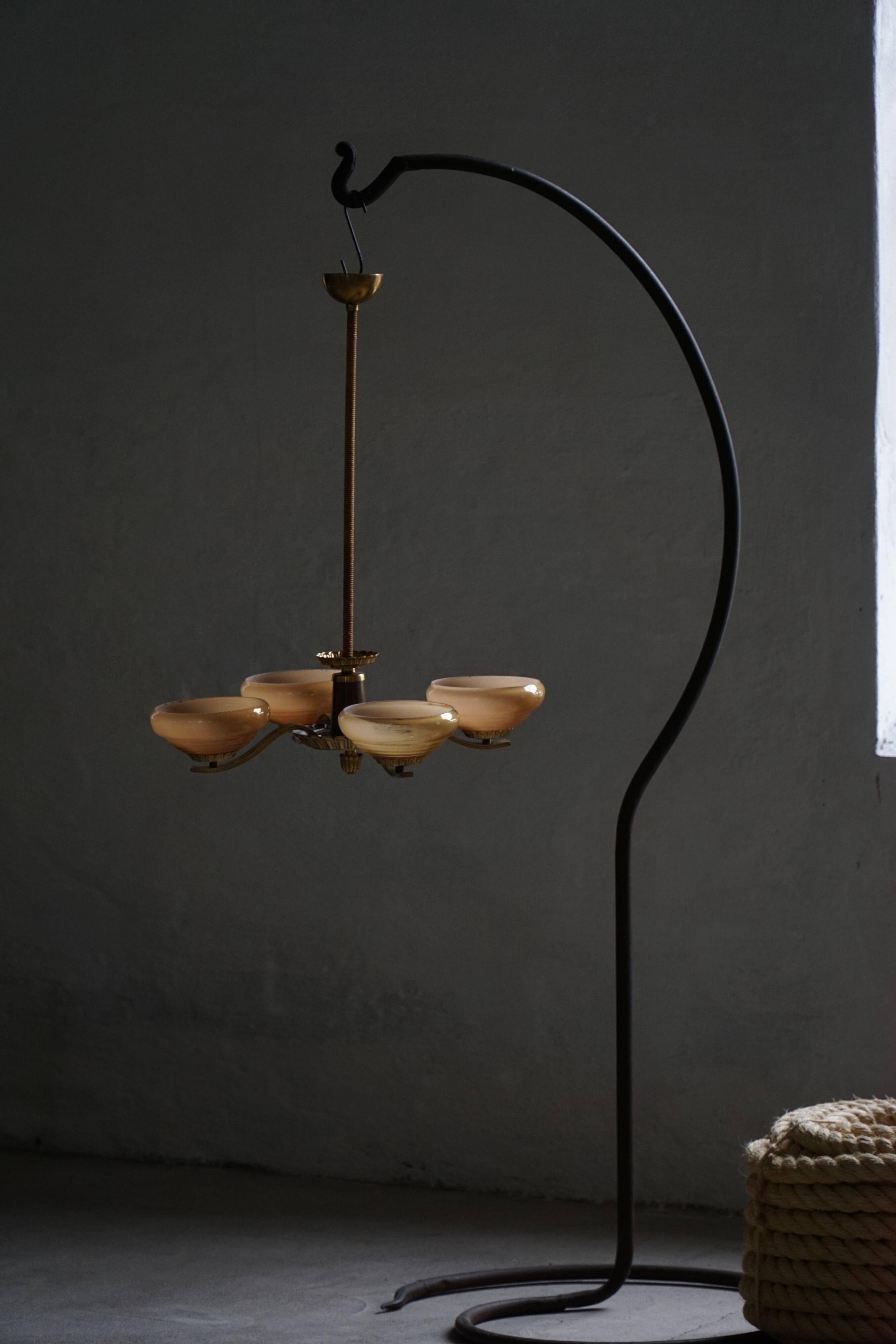 Art Deco chandelier with 4 arms in glass and brass, Sweden, 1940s