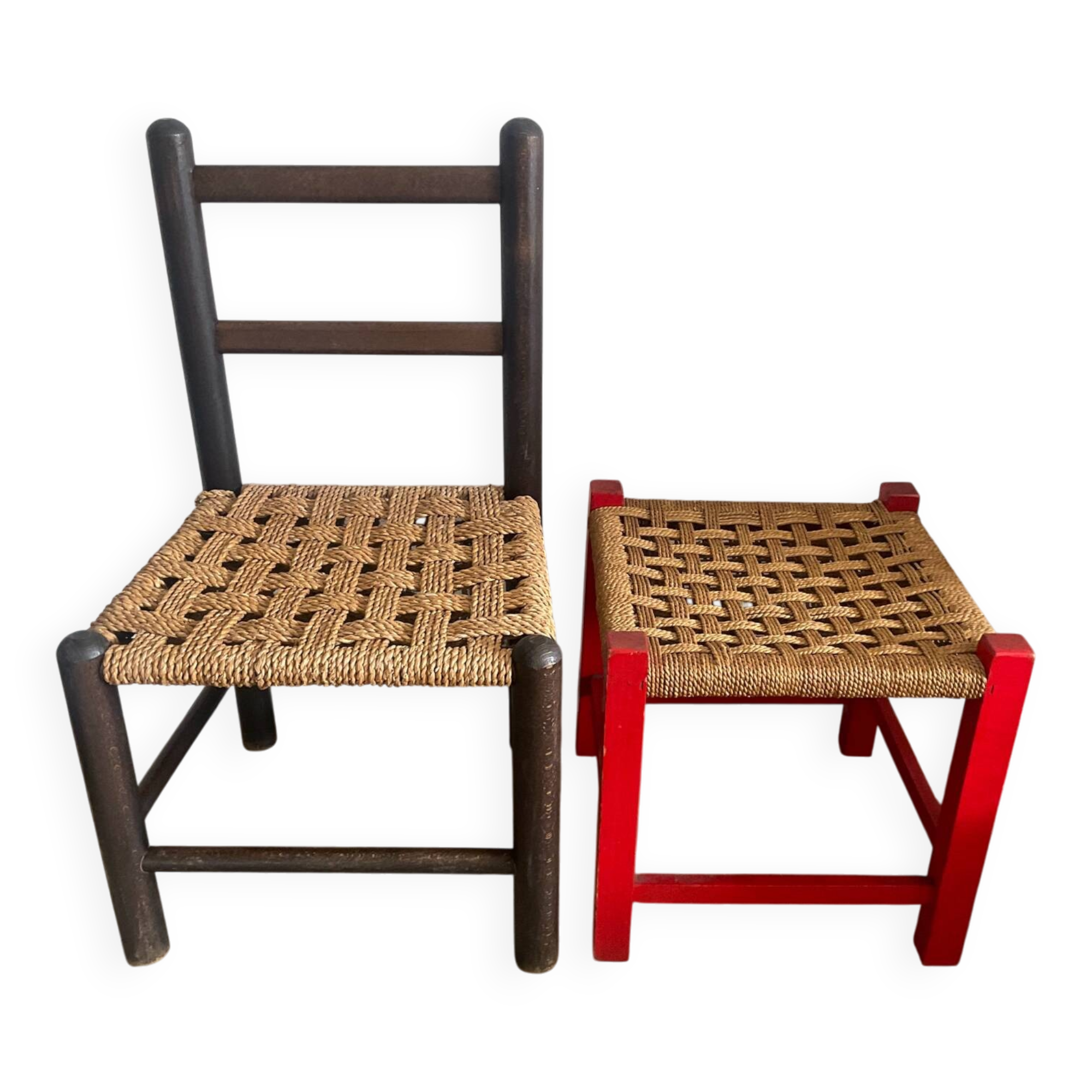 Pair of vintage children's chairs with rope and wood seats