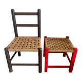 Duo de chaises enfant vintage en corde et bois