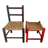 Pair of vintage children's chairs with rope and wood seats