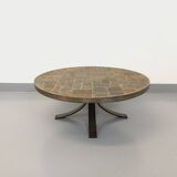 Vintage brutalist round coffee table in metal and slate from the 70s