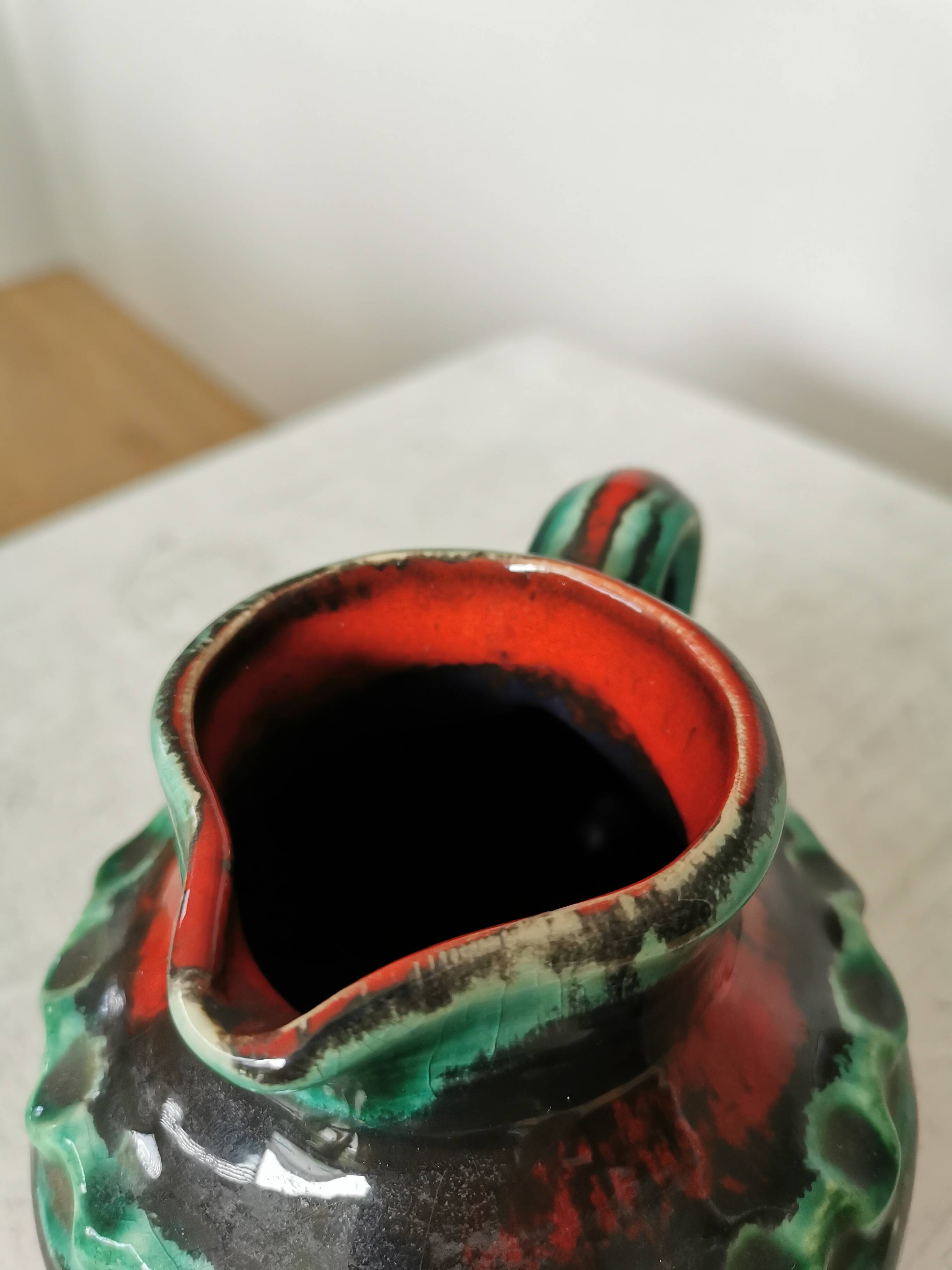Fat Lava Pitcher Vase: Red Black Green Glaze, West German Pottery