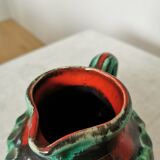 Fat Lava Pitcher Vase: Red Black Green Glaze, West German Pottery