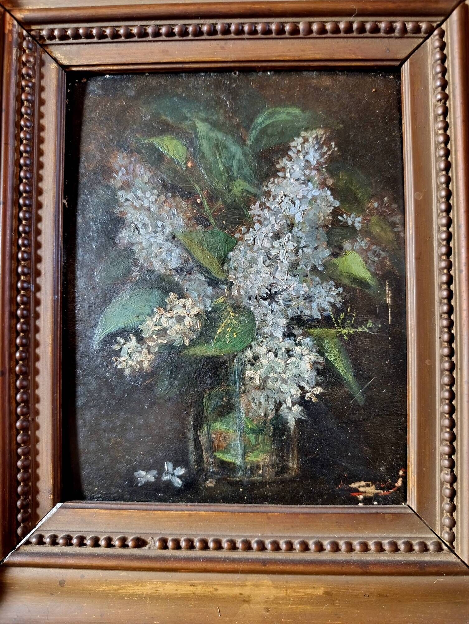 Vintage French oil painting on board, bouquet of lilacs
