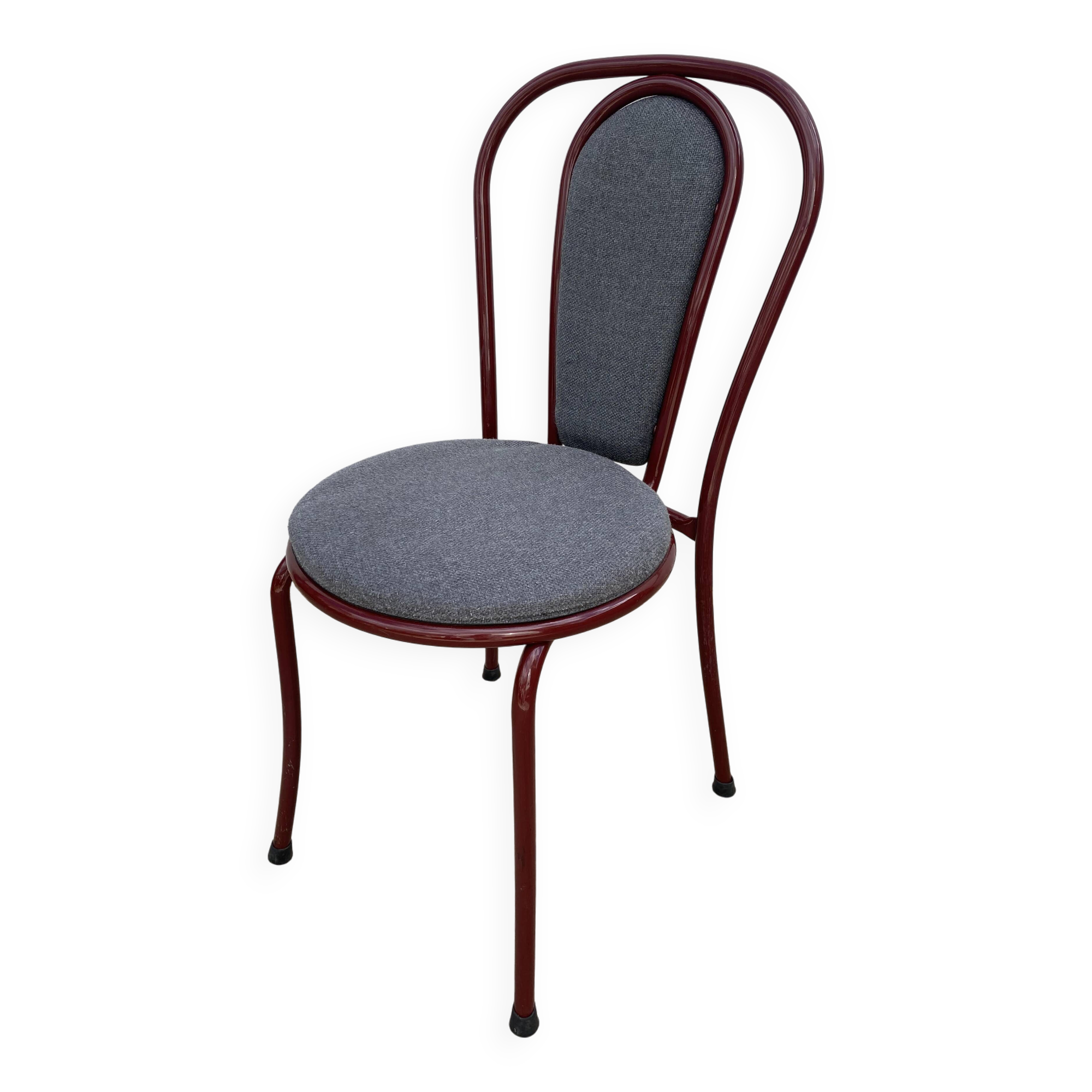 Metallic burgundy bistro chair for restaurants and communities with gray fabric
