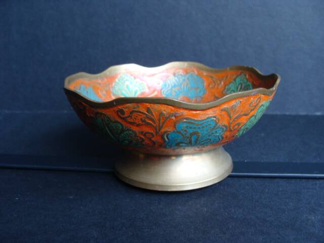 Peacock enameled brass bowl
