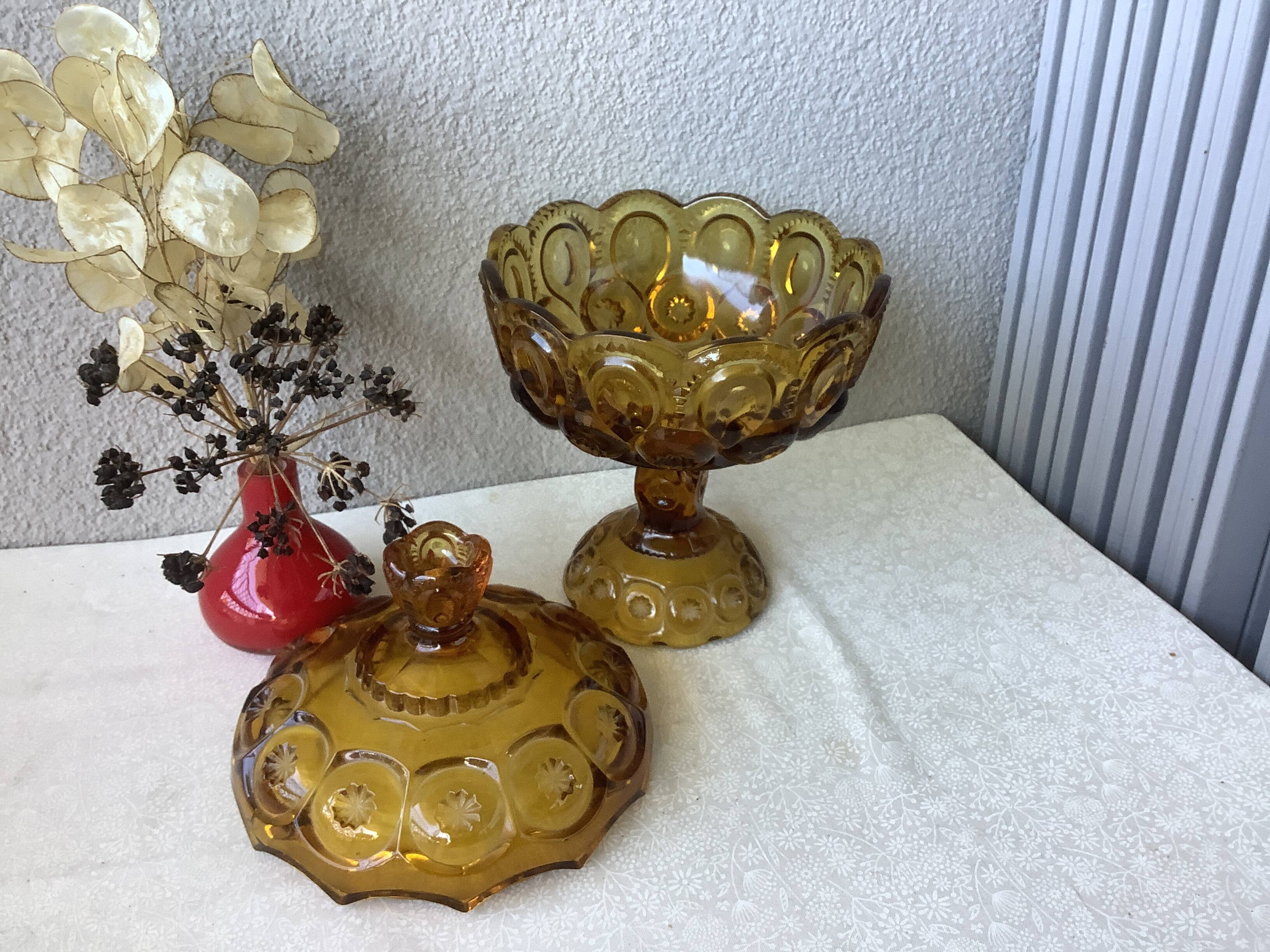 Bonbonnière à compote en verre moulé ambré l.e. moon & stars, piédestal
