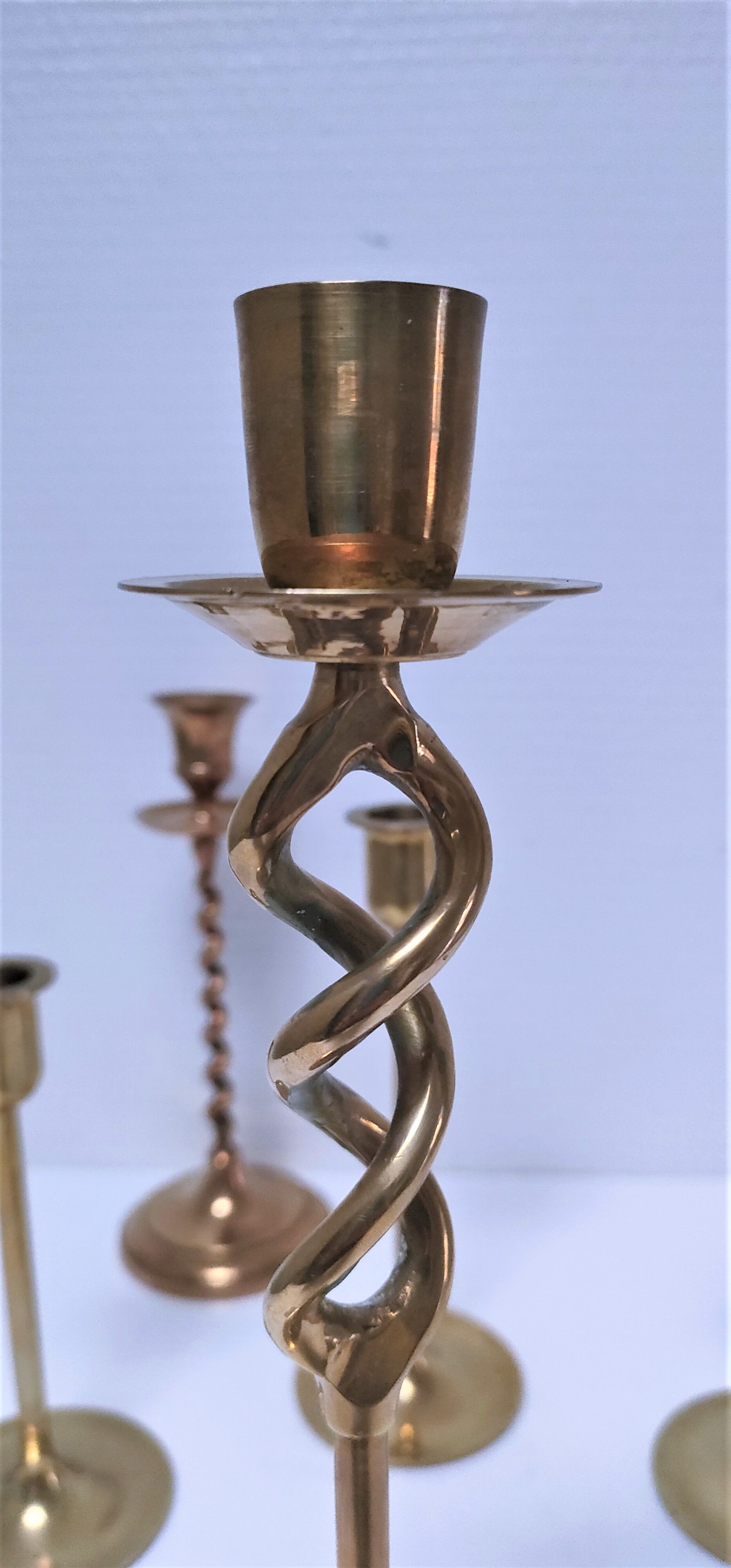 Five solid brass candle holders vintage design 80s