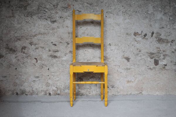 Chaise bois ancienne, chaise bois peinte jaune,chaise assise tressage osier