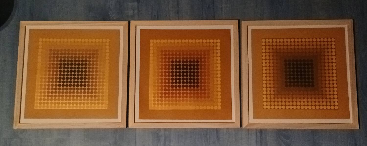 Vintage Optical Art Triptych - Vasarely Style - Frame 30x30cm