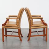 Set of 2 Cowhide Leather Chesterfield Chairs in Light Cognac Color