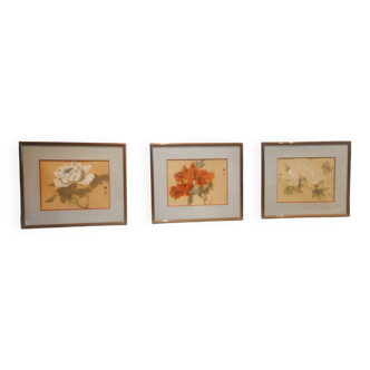 3 peintures florales chinoises sur soie