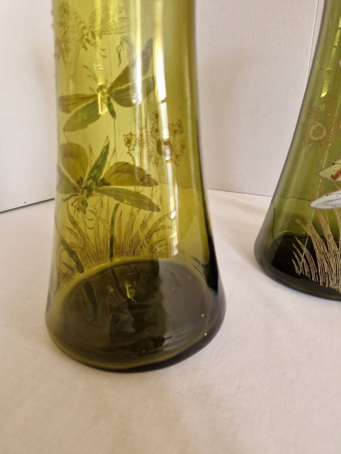 Pair of Enameled Glass Vases with Dragonflies. Unsigned Legras