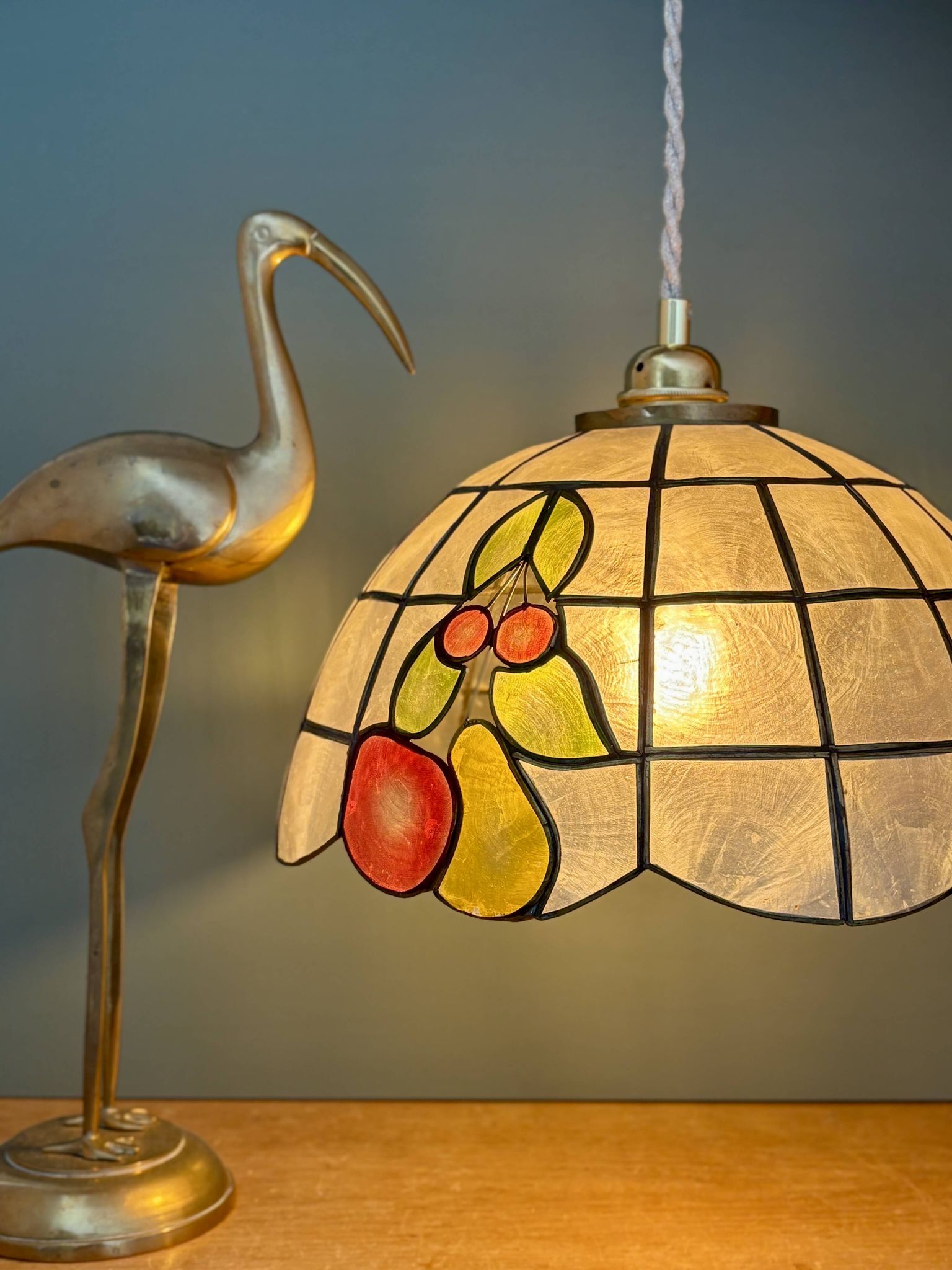 Vintage mother-of-pearl and brass pendant lampshade with fruit decorations