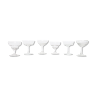 Set of 6 mismatched champagne glasses, chiseled glass