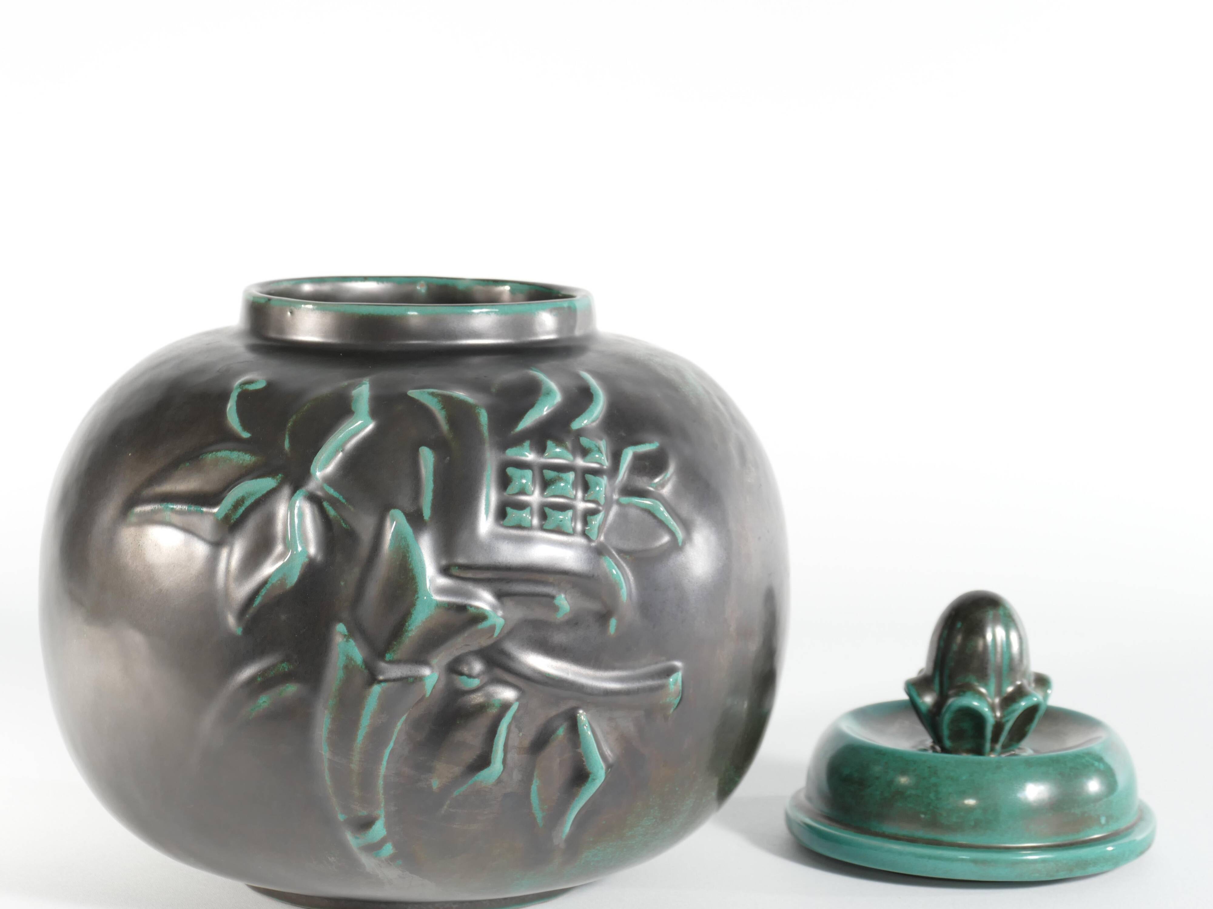 Large Art Deco Green Lidded Jar by Anna-Lisa Thomson for Upsala-Ekeby, 1930's