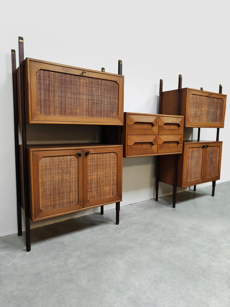 Rare Italian midcentury design modular teak webbing wall unit cabinet