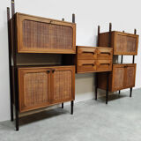 Rare Italian midcentury design modular teak webbing wall unit cabinet