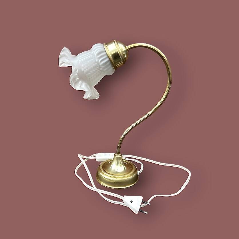 Antique brass and glass swan neck bedside lamp.