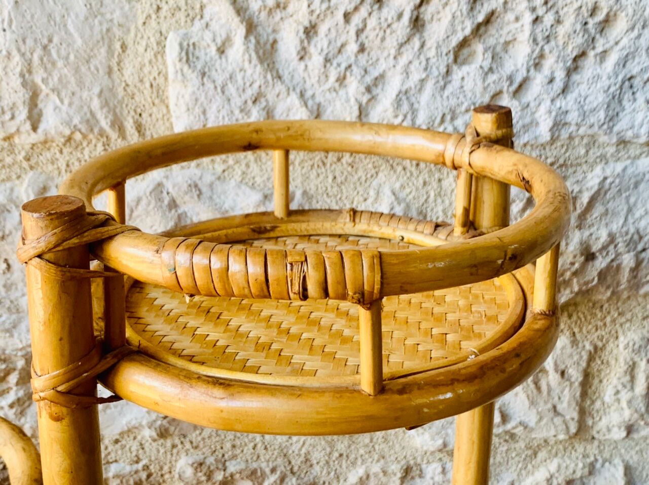 Vintage folding plant holder in bamboo and rattan, circa 1970's