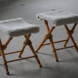 Pair of Danish mid-century folding stools with sheepskin upholstery, 1960.