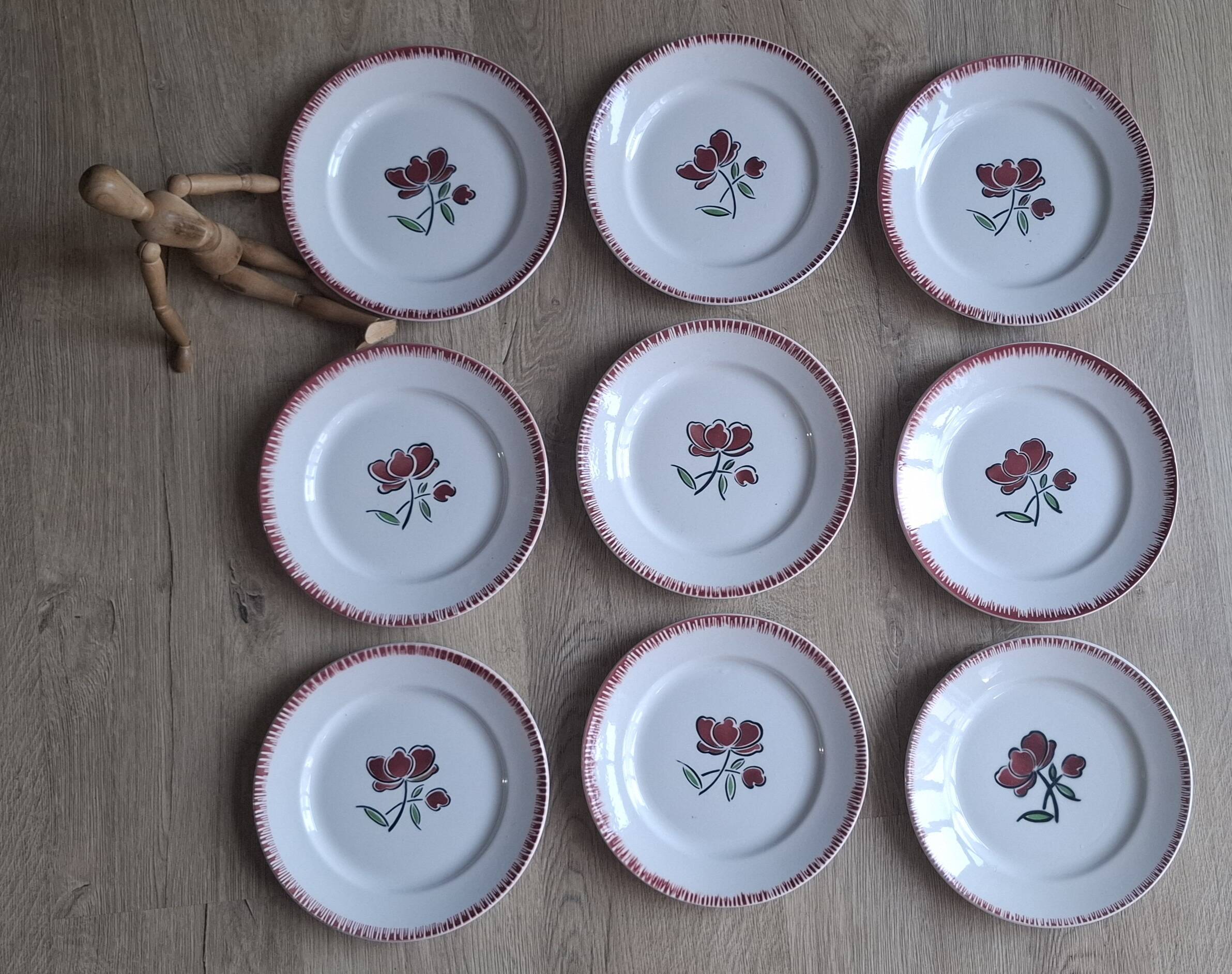 Set of 9 Badonviller flower dinner plates