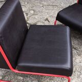 Pair of vintage drivers in red steel and skaï, France 1970