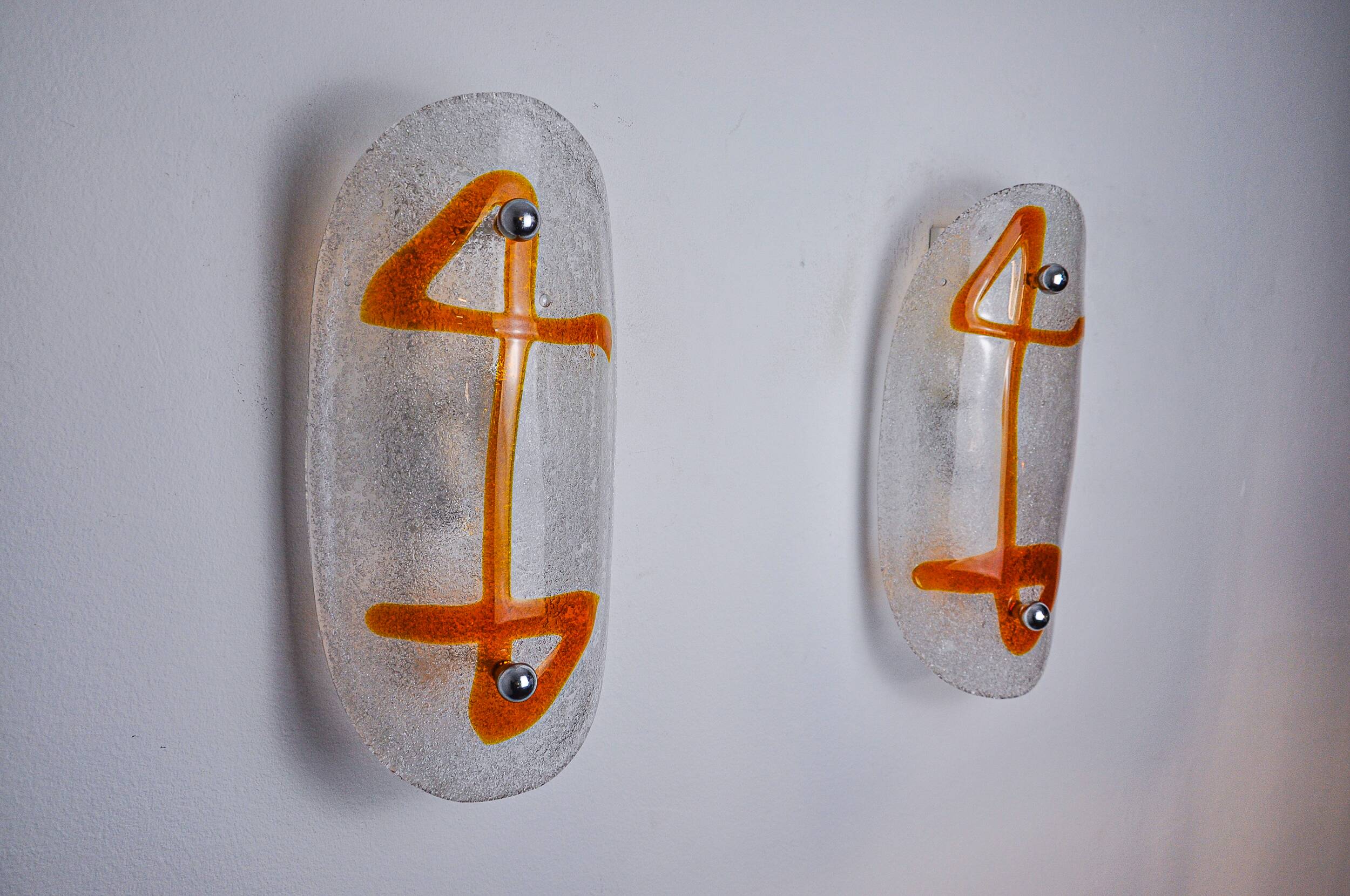 Pair of XL wall lights by Murano Mazzega in orange frosted glass Italy 1970