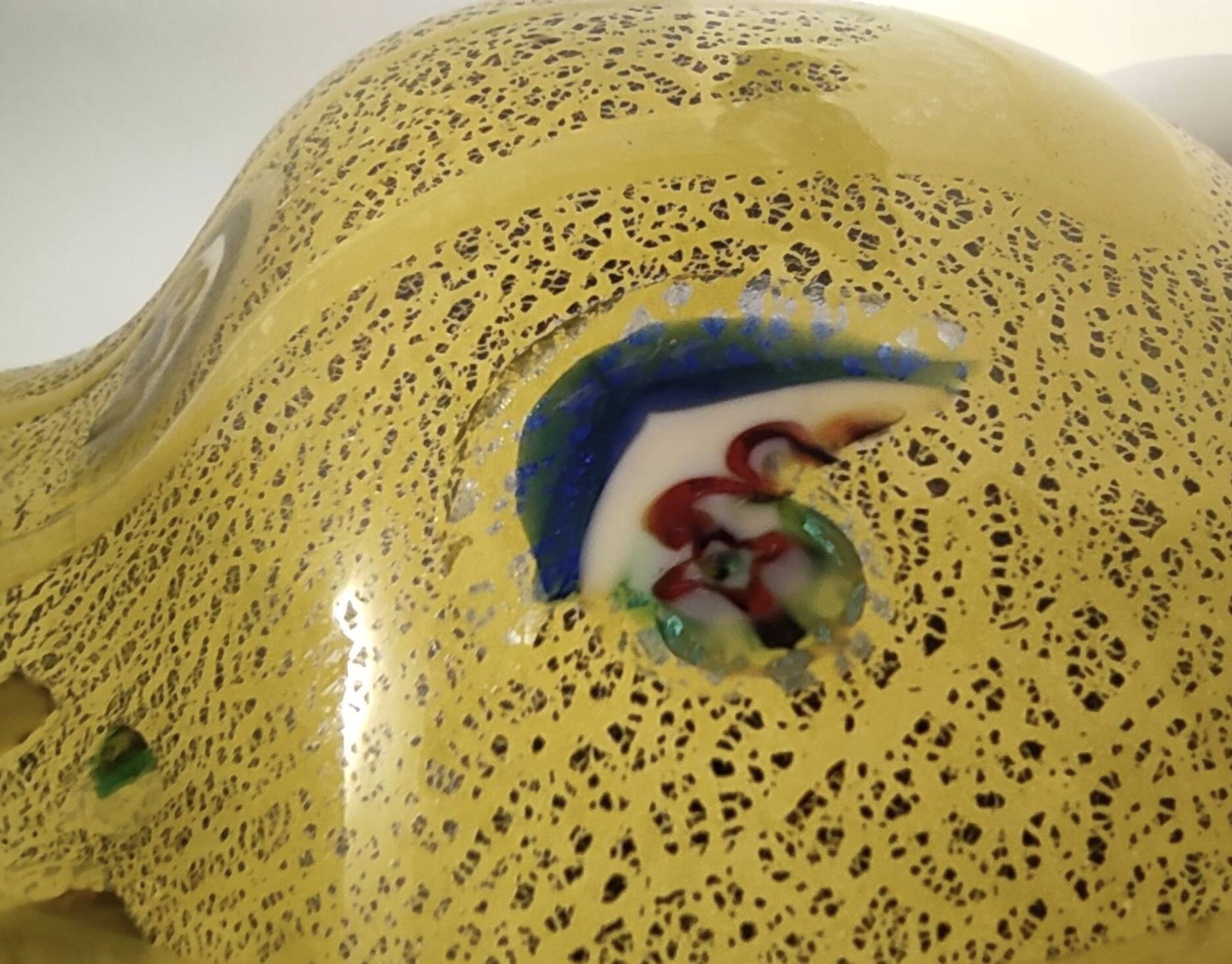 Postmodern Yellow Opaline Hand Blown Glass Jug with Murrines and Silver Flakes