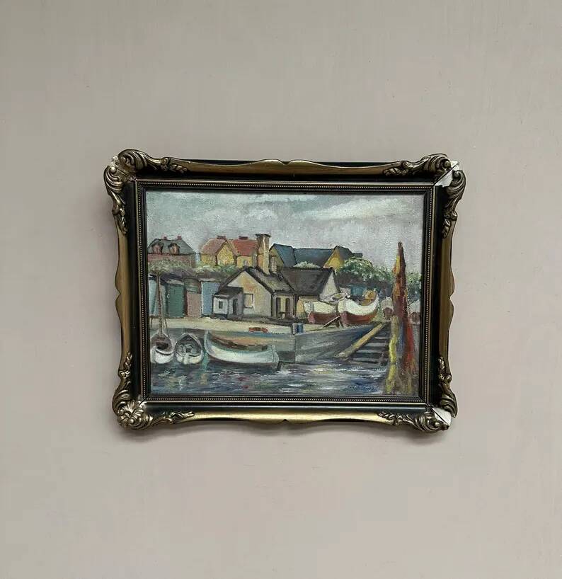 Original Swedish Oil on Panel – “Village and Harbour” by G. Fogler – Signed – Vintage & Framed – 49 × 39 cm (19.2" × 15.3")