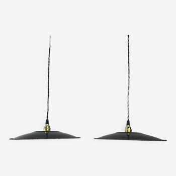 Pair of black enameled industrial pendant lights