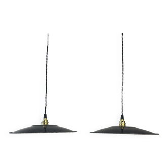 Pair of black enameled industrial pendant lights