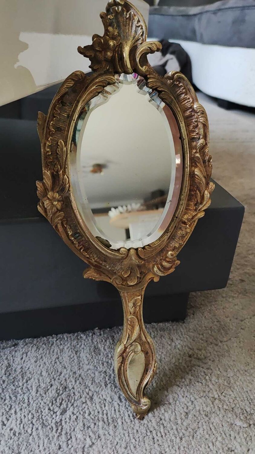 MIROIR FACE A MAIN EN BRONZE PIERROT COLOMBINE LA LUNE 23.5 Cm EUR 30