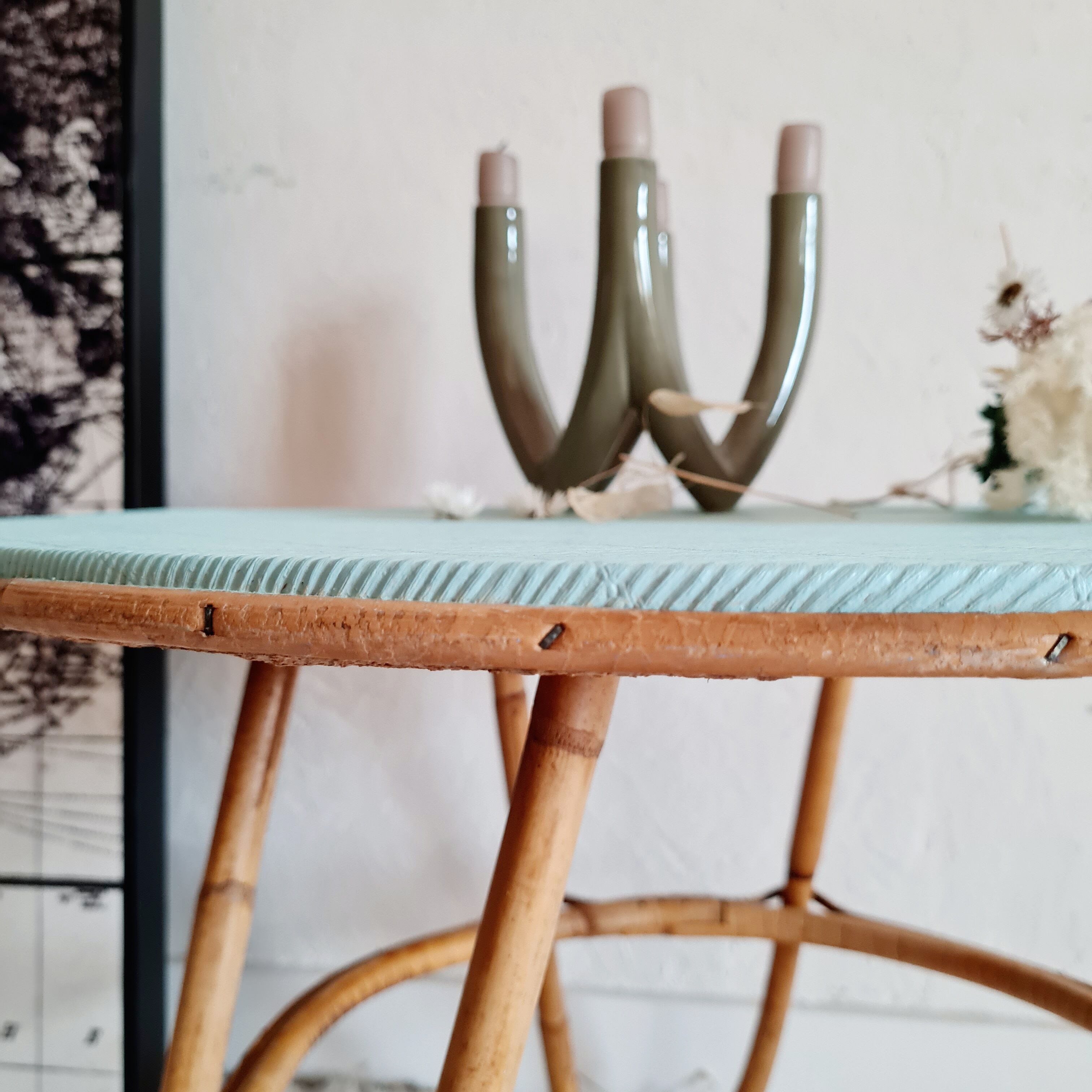 Vintage rattan coffee table round blue top